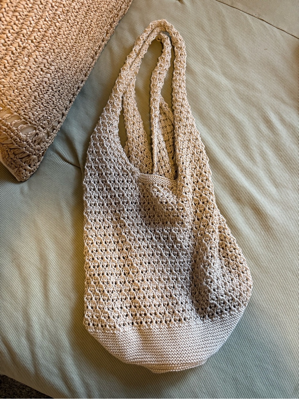 Beige Crochet Market Tote Bag - Women's Casual Shoulder Bag